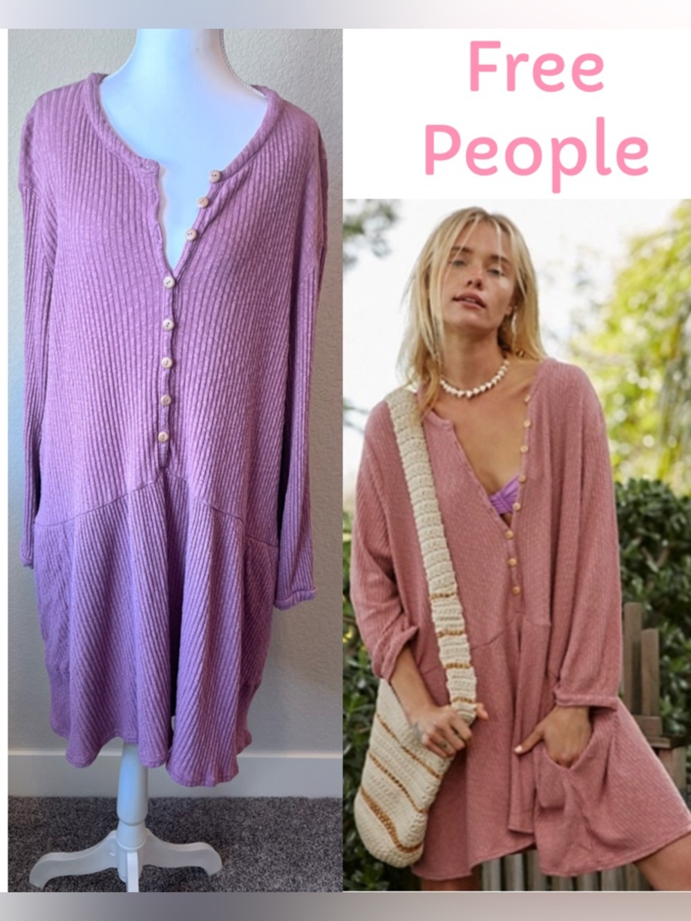Free People Beach Blossom Button-Up T-Shirt Dress Love in Mist Pockets! Sz Large